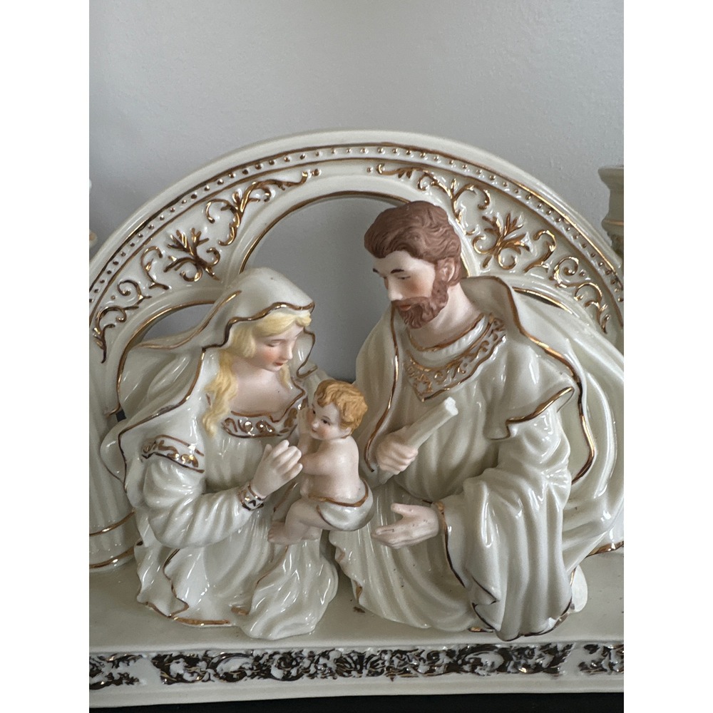 Vintage Holy Family Nativity Ceramic Double Taper Candle Holder Cream Gold - Picture 6 of 6